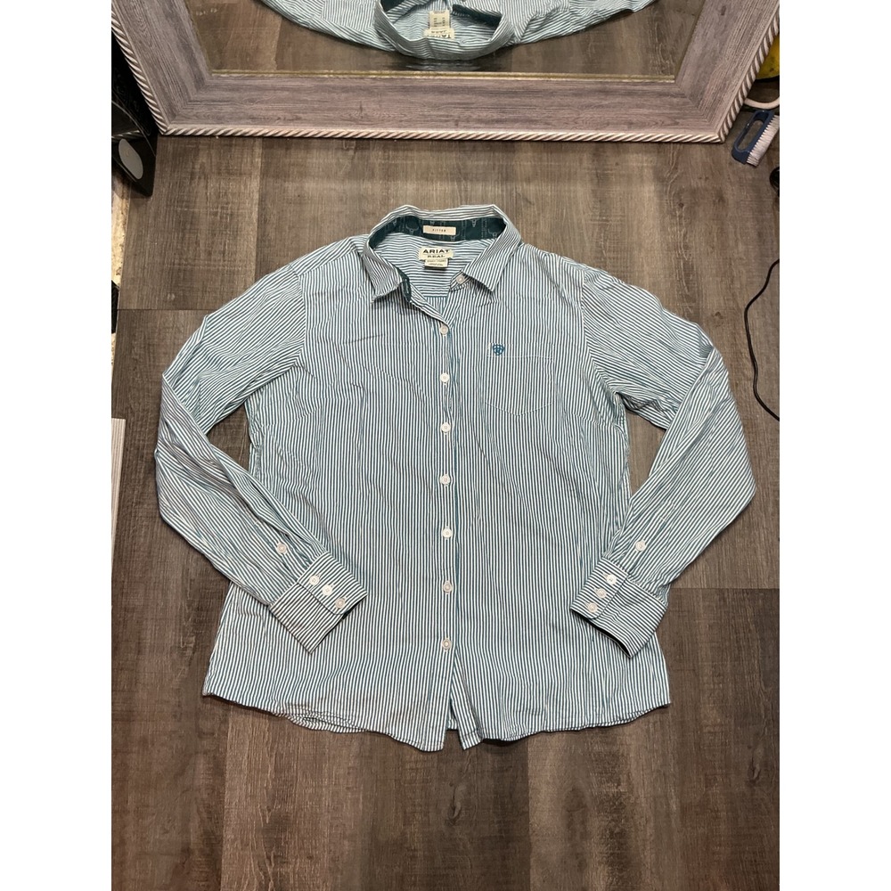 Ariat Real Womens XL Teal White Striped Fitted Western Button Down Shirt